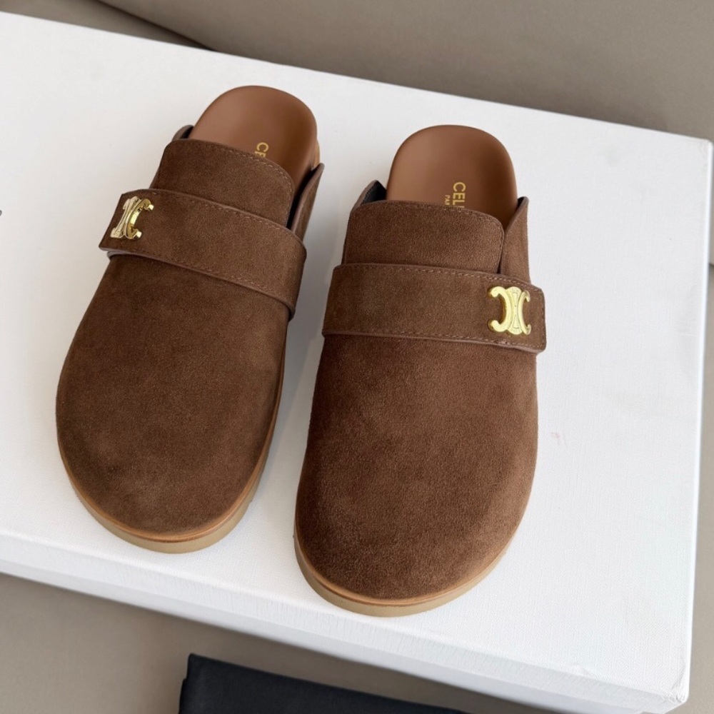 Celine Chocolate Suede Mules with Gold Emblem - Picture 2 of 4